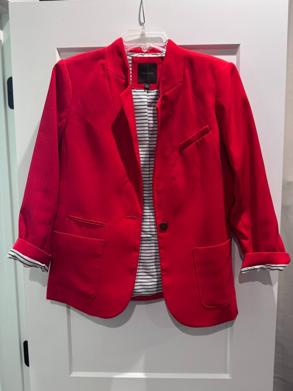 The Limited Red Blazer Jacket Tailored Blue White Stripe Nautical Pockets